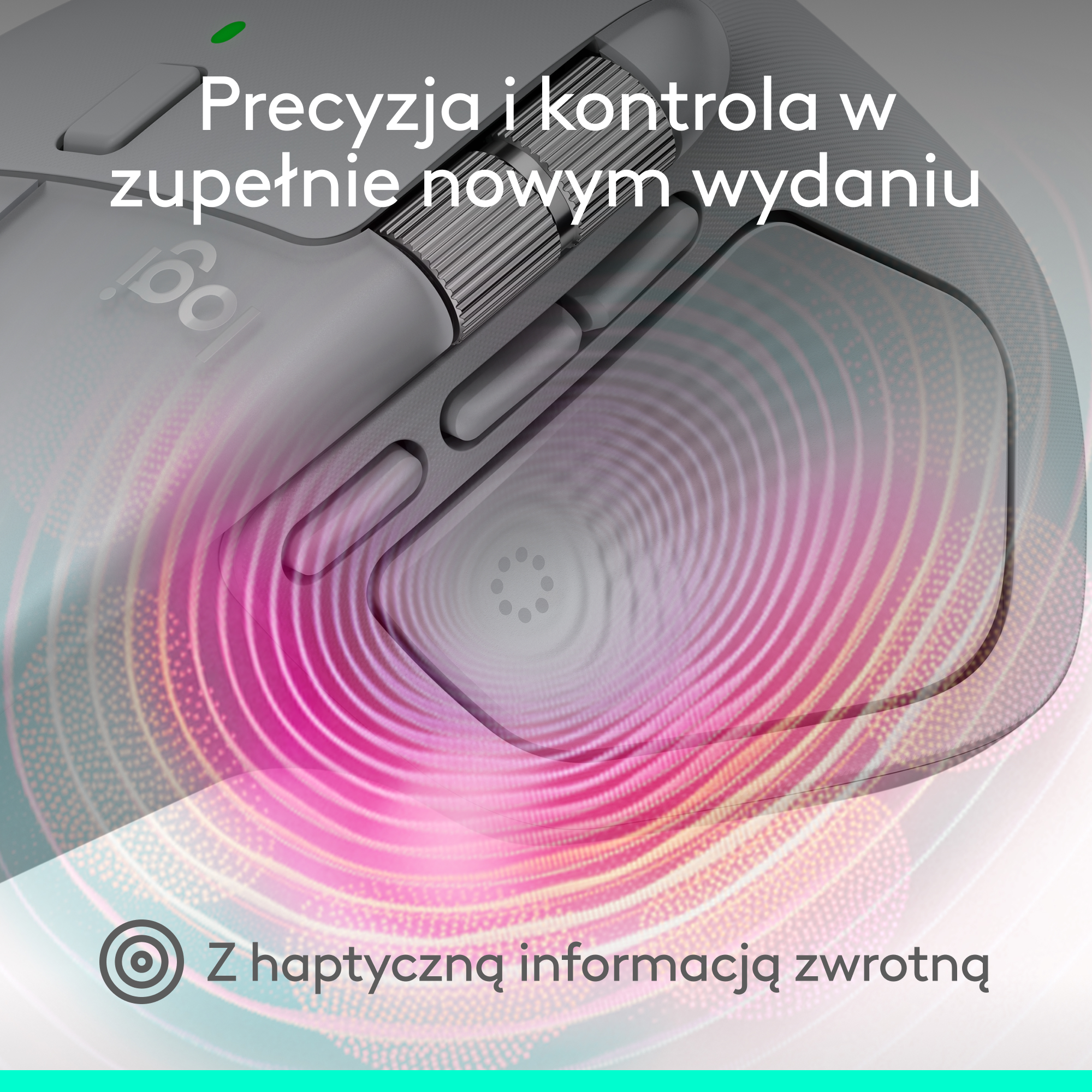 Szara mysz komputerowa z dotykowym sprzężeniem zwrotnym, z przyciskiem i różowo-żółtym wzorem kołowym.