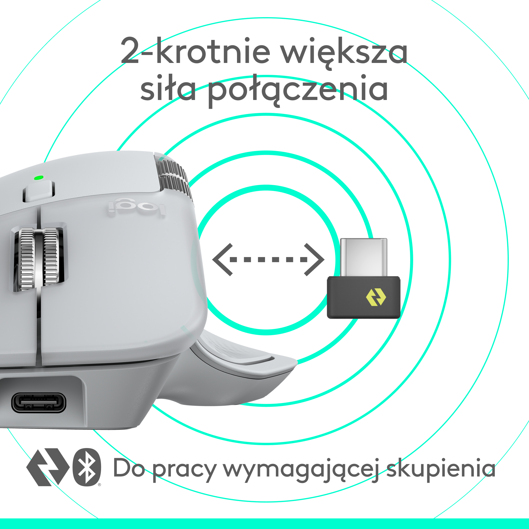 Biała mysz z odbiornikiem USB. Tekst: 2x silniejsze połączenie, do pracy wymagającej skupienia.