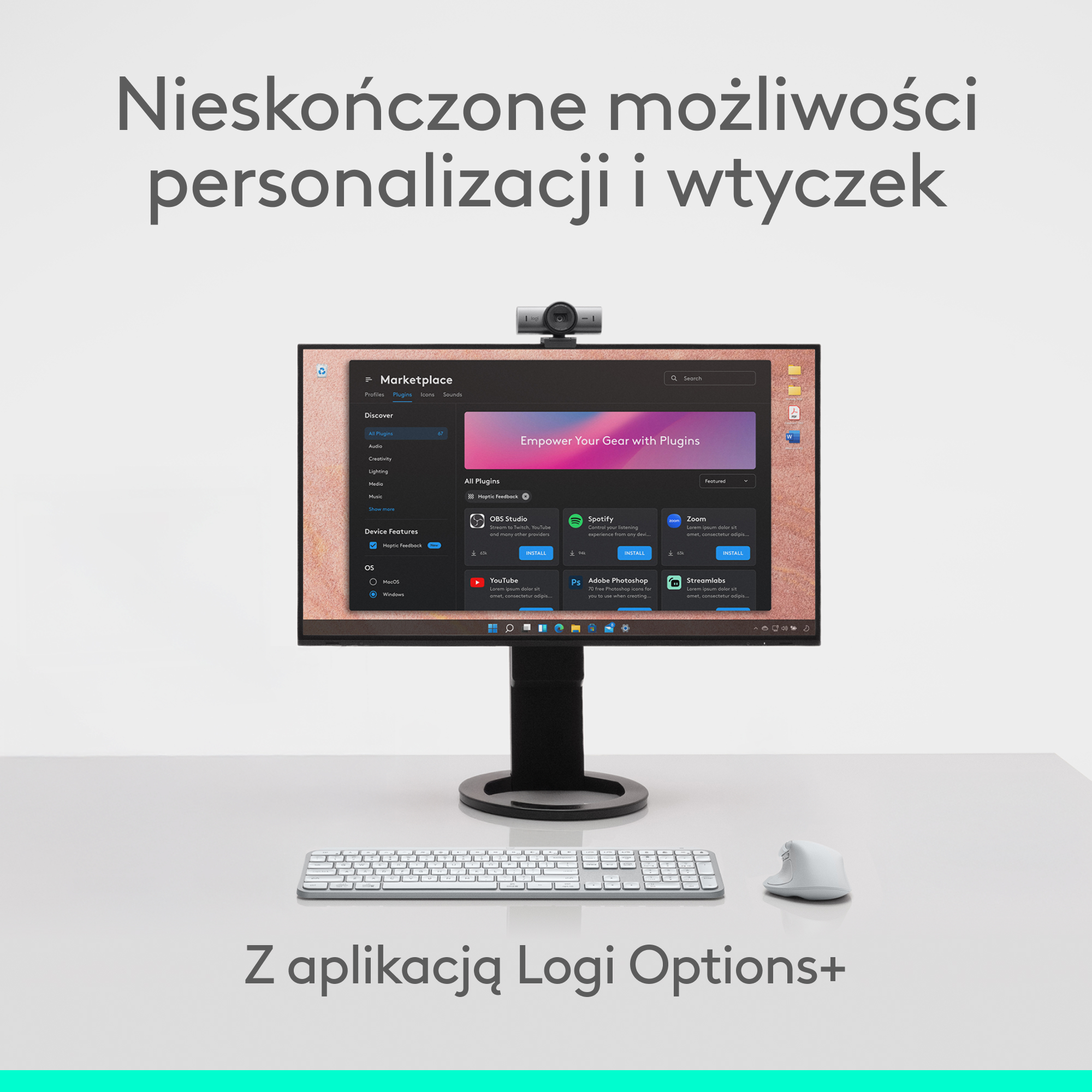 Konfiguracja pulpitu: monitor z interfejsem oprogramowania, kamerą internetową, klawiaturą i myszą. Tekst: Logi Options+.