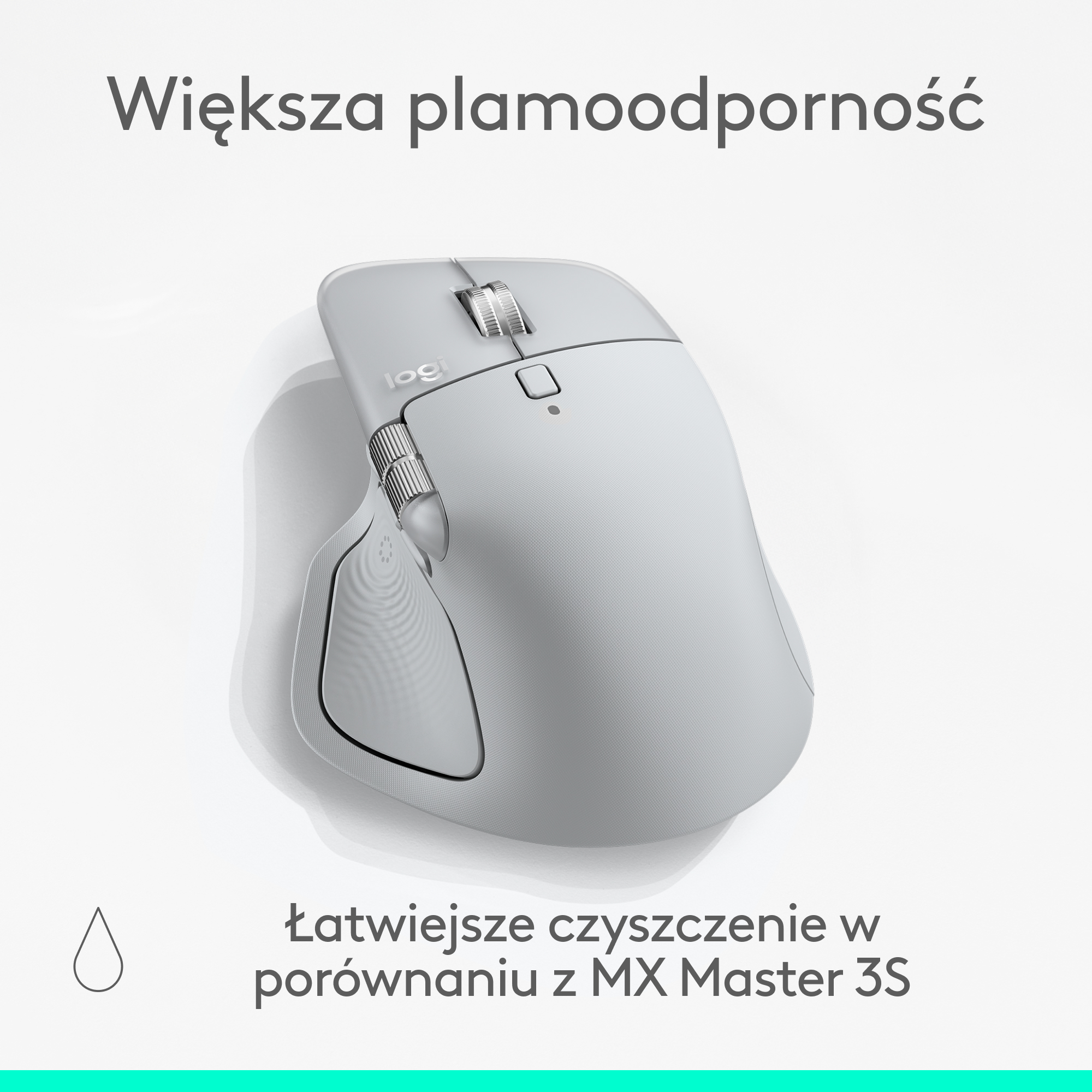 Jasnoszara mysz Logitech. Tekst u góry mówi 'Większa plamoodporność', na dole 'Łatwiejsze czyszczenie...'
