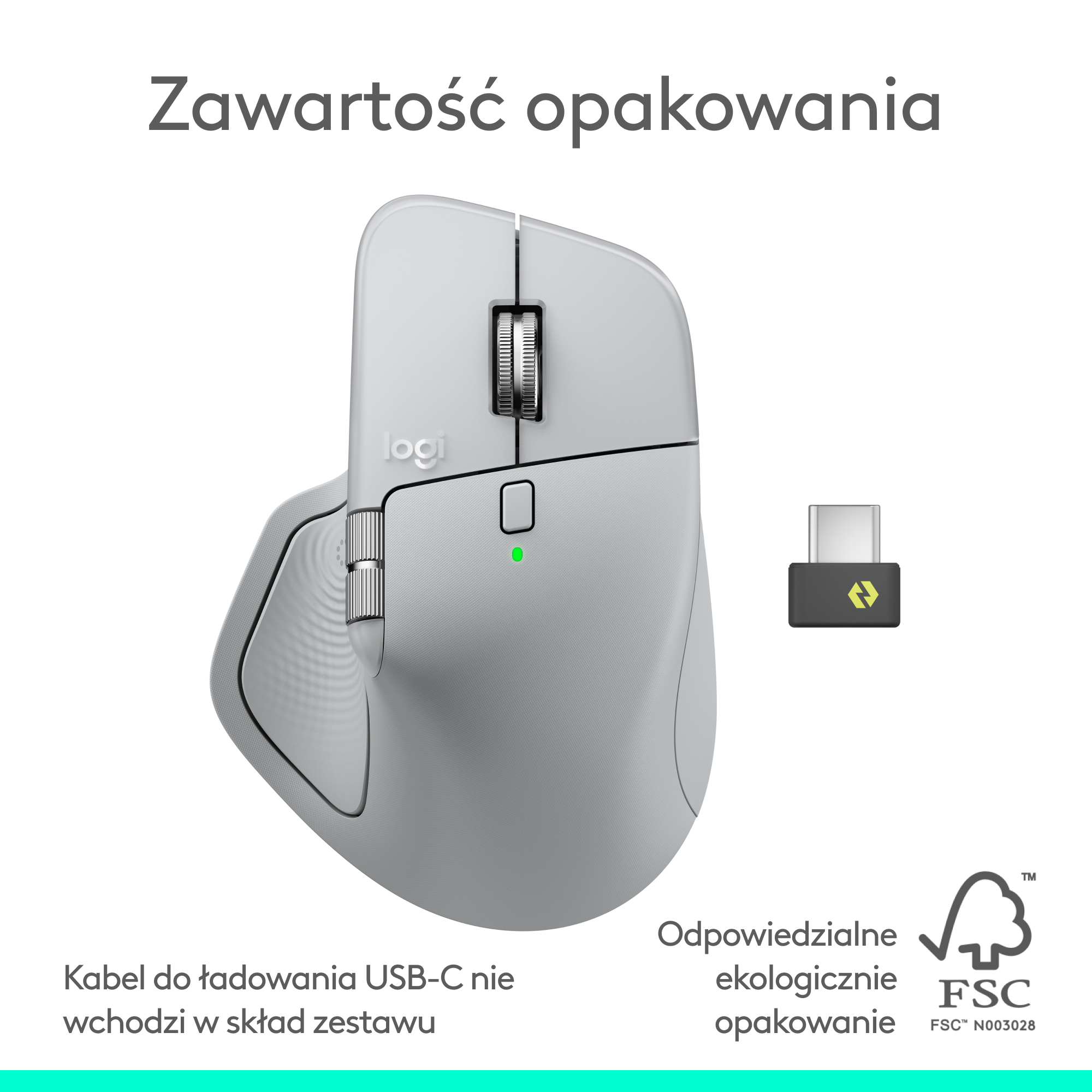 Szara mysz Logitech z odbiornikiem USB, tekst po polsku i logo FSC na białym tle.