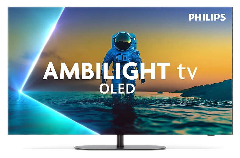 Telewizor wyświetla astronautę na tle sceny morskiej. Ekran pokazuje 'AMBILIGHT tv OLED' z logo Philips.