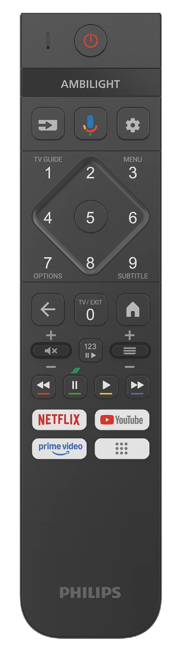 Czarny pilot Philips. Ma wiele przycisków, w tym Netflix, YouTube i klawisze numeryczne.