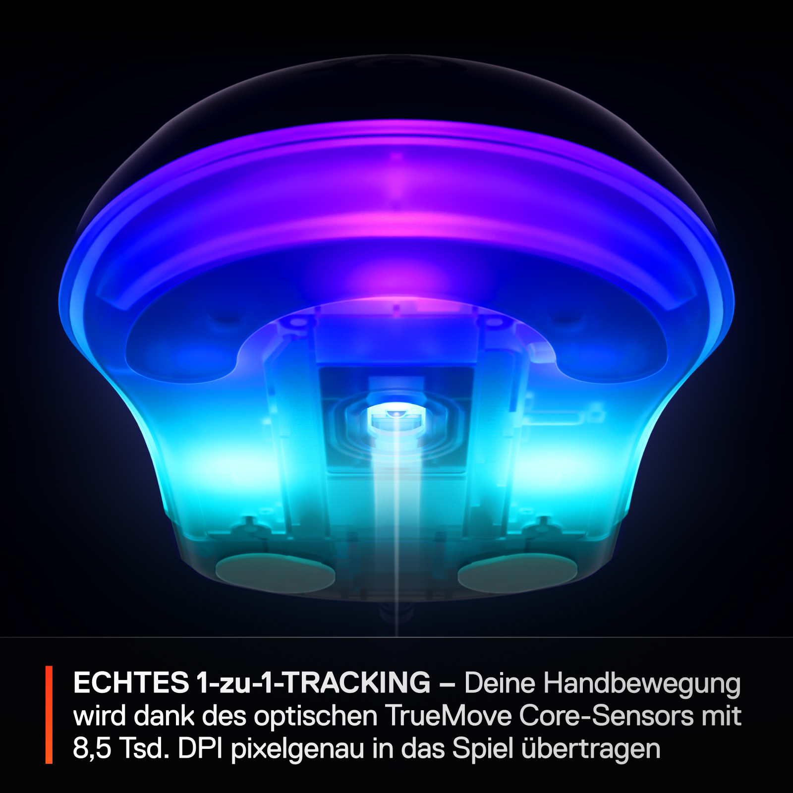 Ein durchscheinendes Gerät mit blau-violetter Beleuchtung leuchtet vor schwarzem Hintergrund. Text unten.