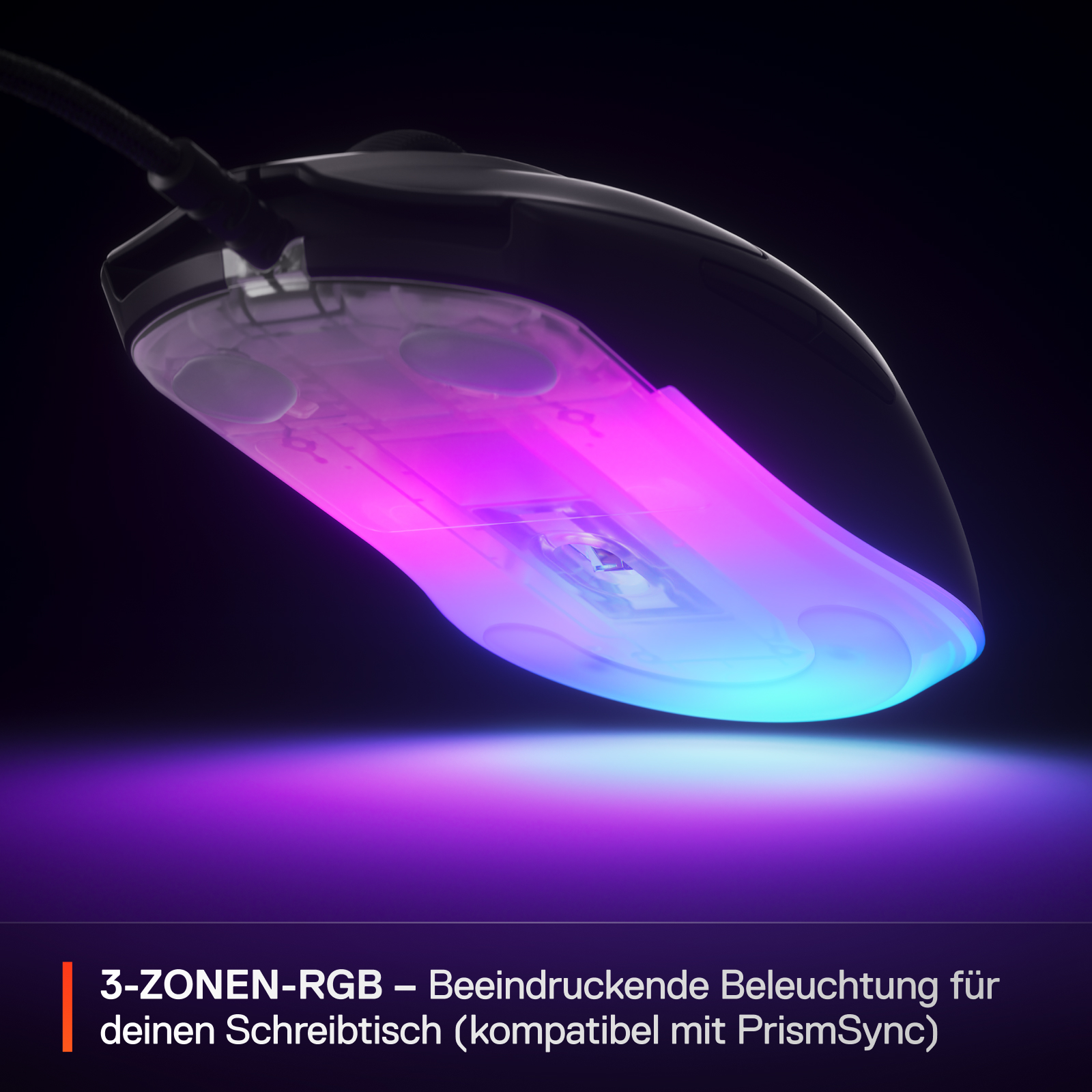 Schwarze Gaming-Maus mit RGB-Beleuchtung. Die Maus befindet sich auf einem dunklen Hintergrund mit Farbverlauf.