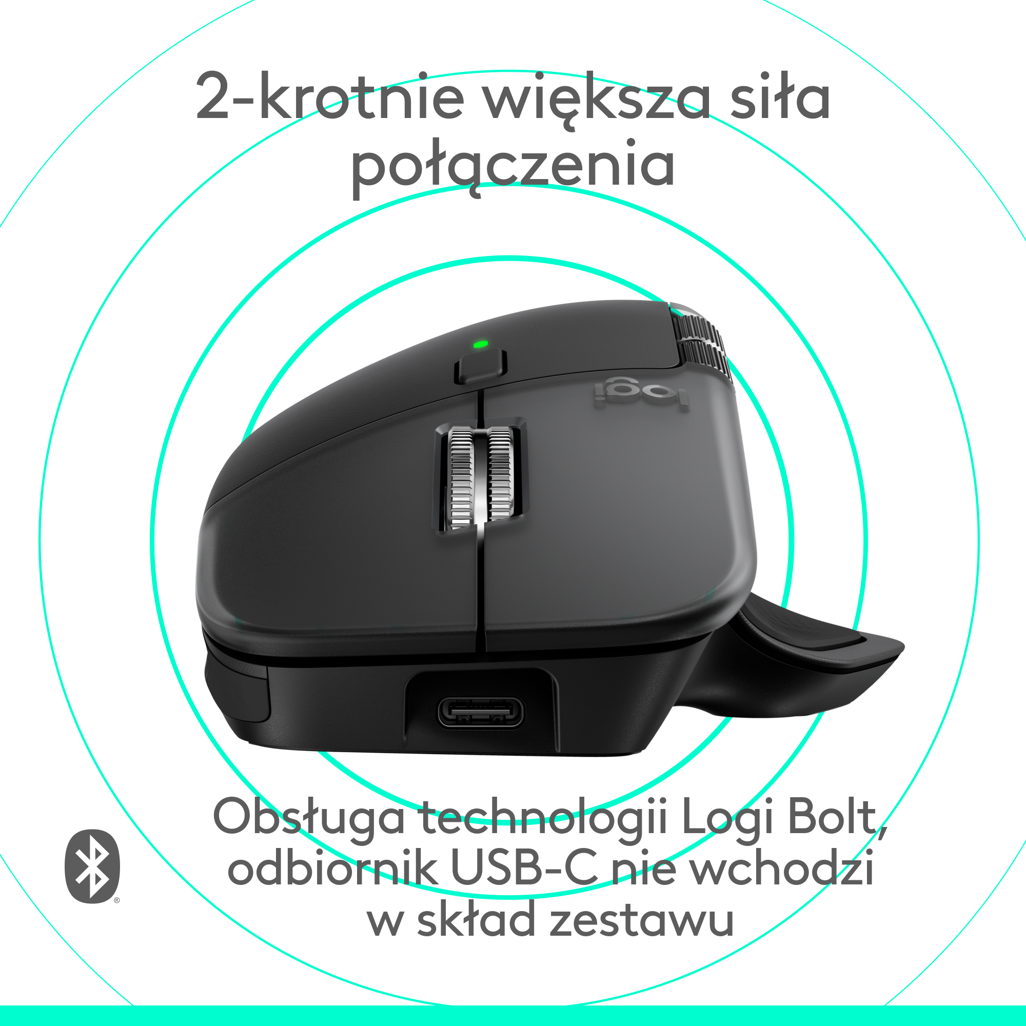Czarna mysz Logitech z tekstem o technologii Logi Bolt. Zielone światło na górze. Symbol Bluetooth po lewej.