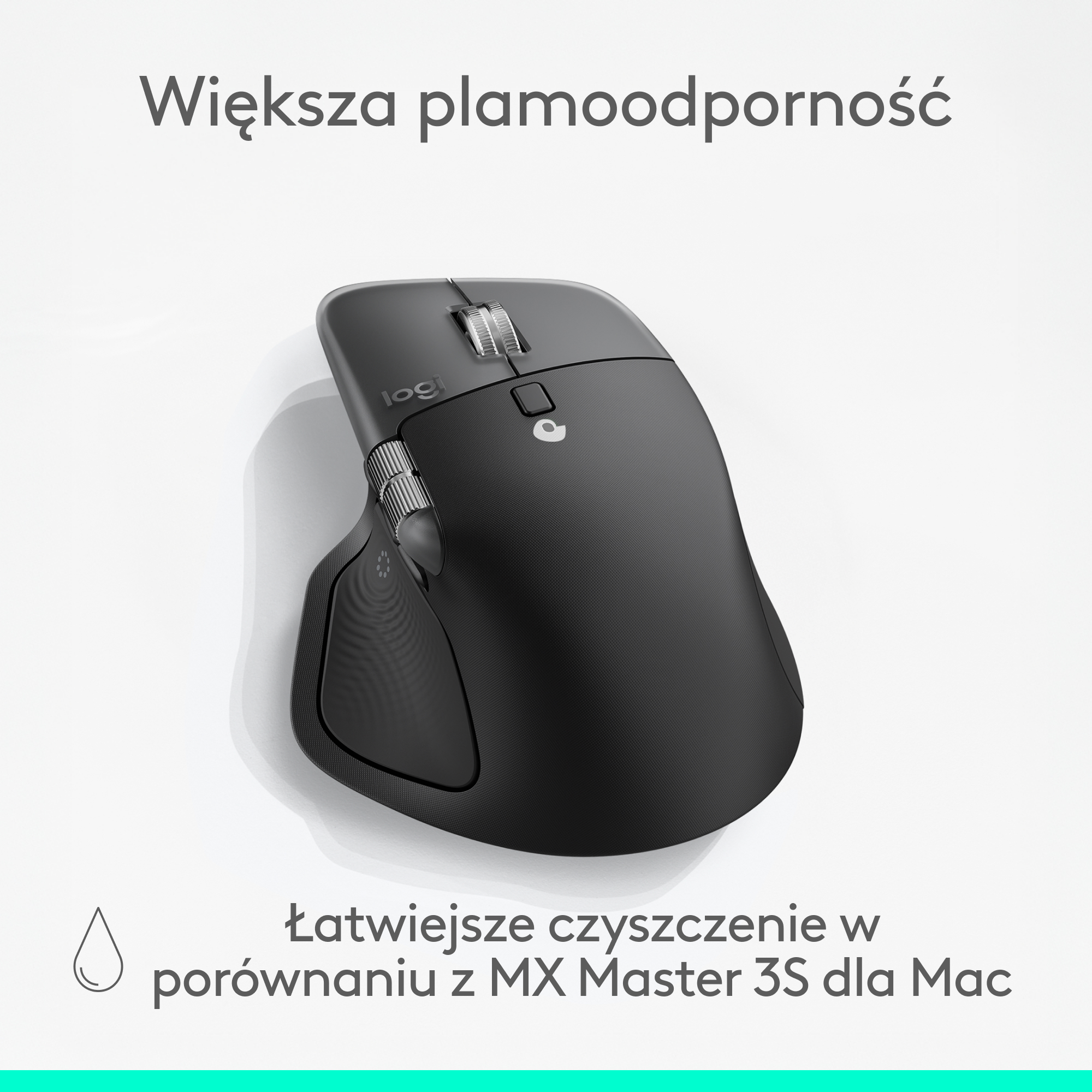 Czarna mysz Logitech MX Master 3S na białym tle. Tekst u góry brzmi: 'Większa odporność na plamy'.