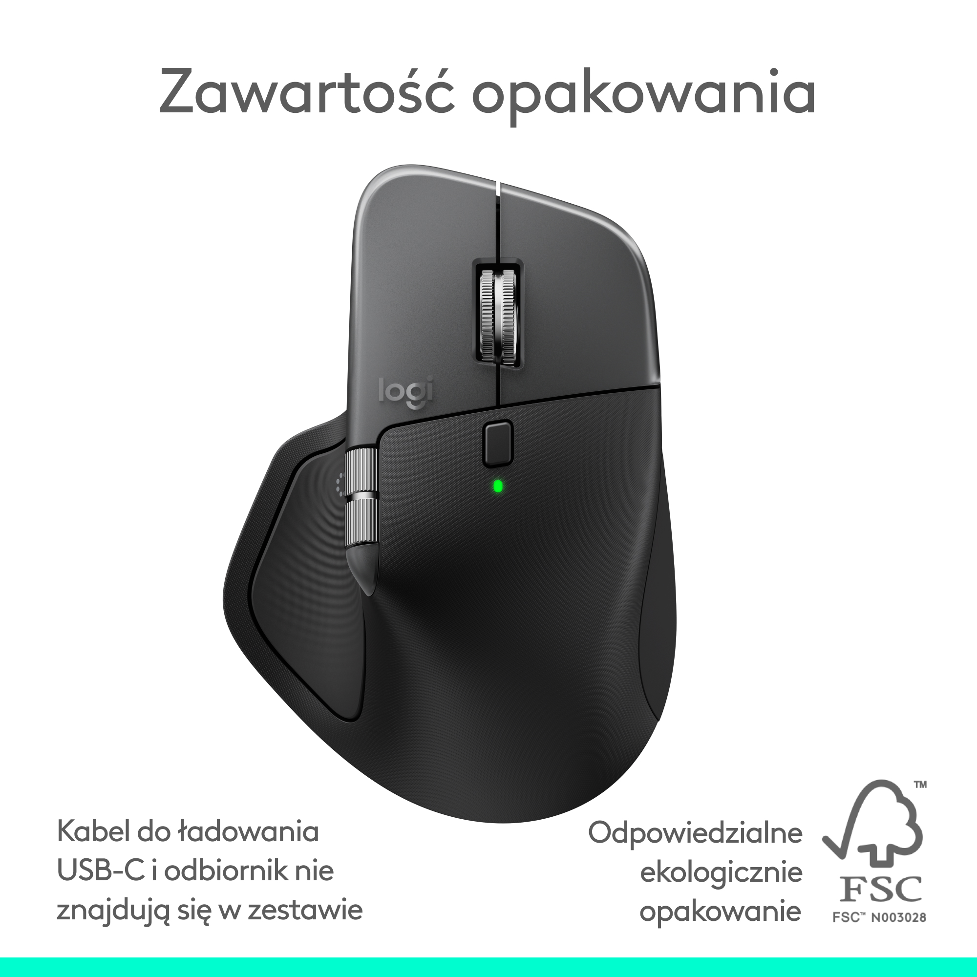 Czarna mysz Logitech. Ma kółko przewijania, przyciski i zielone światło. Opakowanie jest ekologiczne.