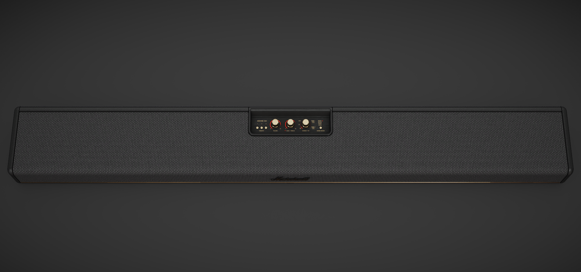 Eine schwarze Soundbar mit goldfarbenem Rand. Mit Reglern für Lautstärke, Bass und Höhen. Der Hintergrund ist ein dunkler Grauton.