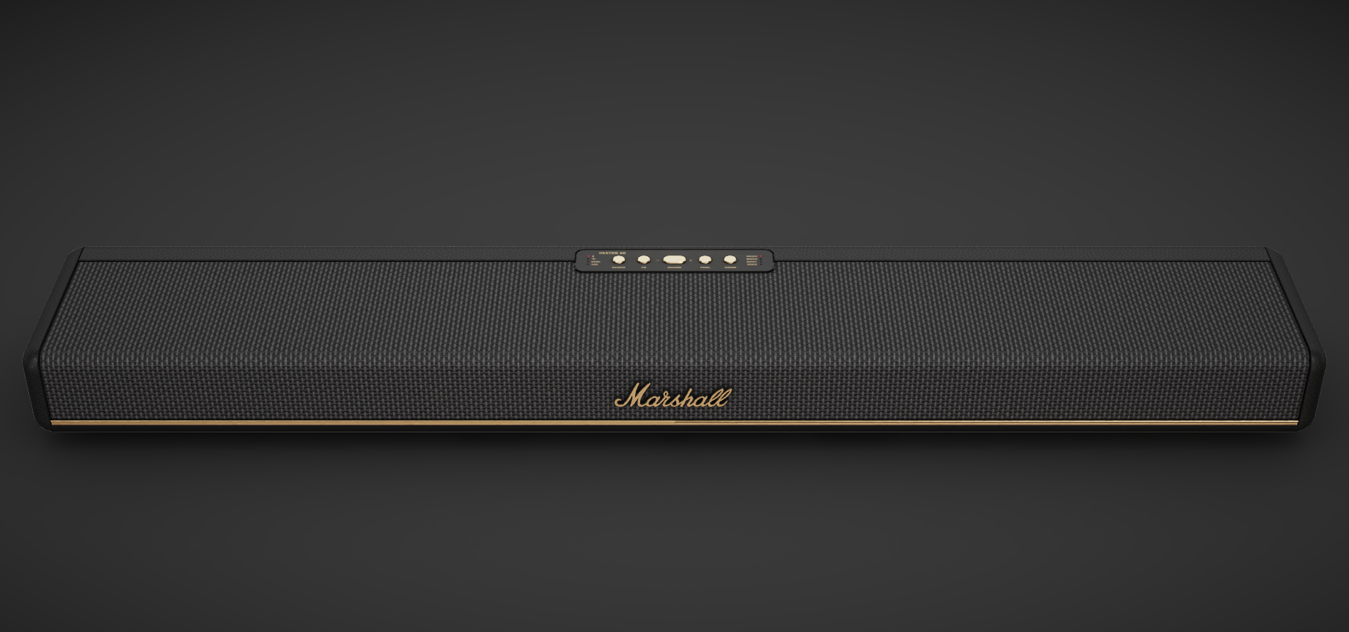 Schwarze Marshall-Soundbar mit goldenen Akzenten auf grauem Hintergrund. Das Marshall-Logo ist sichtbar.