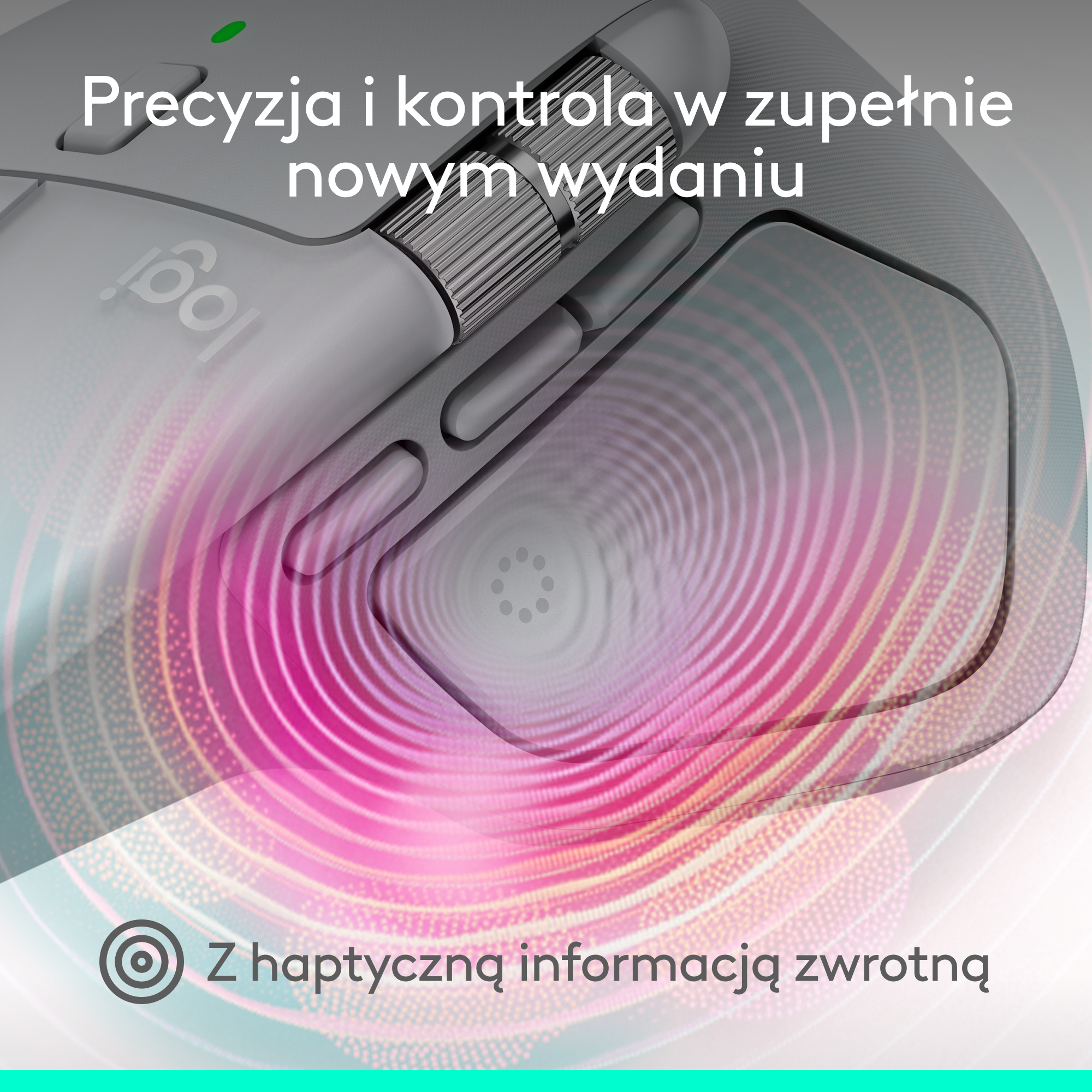Szara mysz komputerowa z nakładką w postaci różowego i białego wzoru kołowego. Tekst: precyzja i kontrola.