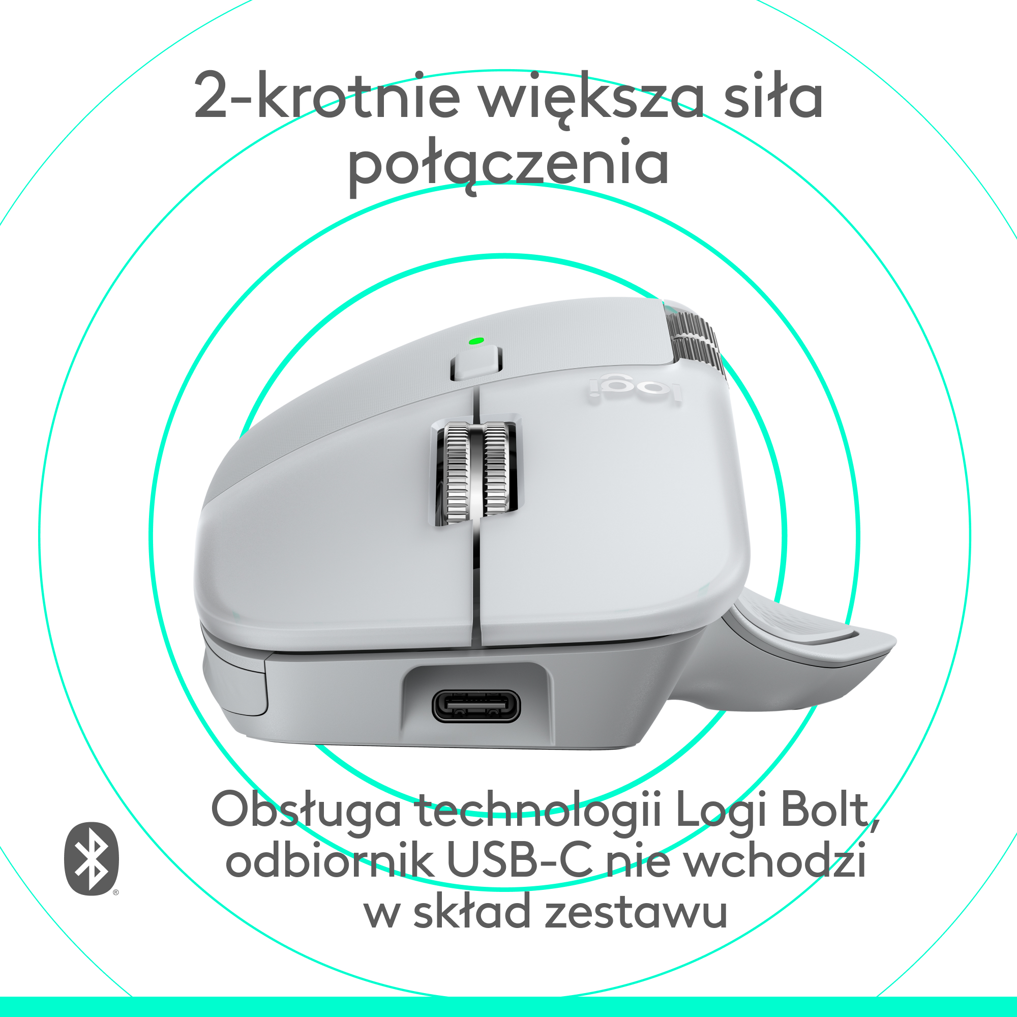 Jasnoszara mysz Logitech z kółkiem przewijania, portem USB-C i tekstem opisującym jej funkcje.