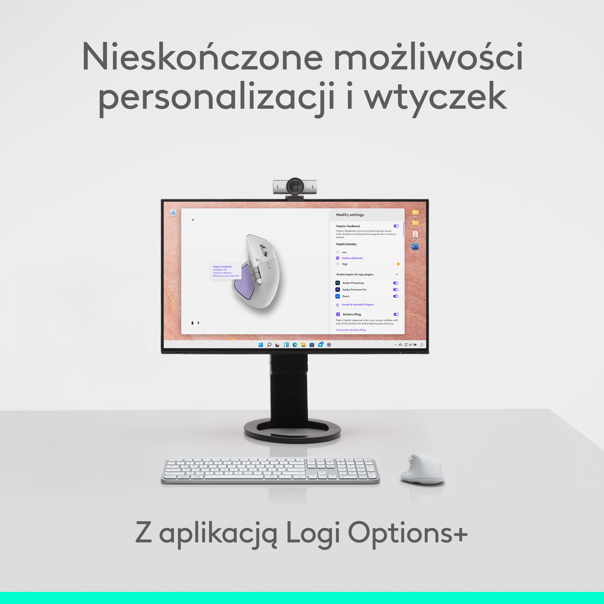 Monitor wyświetla ustawienia myszy, z klawiaturą i myszą poniżej. Tekst brzmi: 'Logi Options+'.