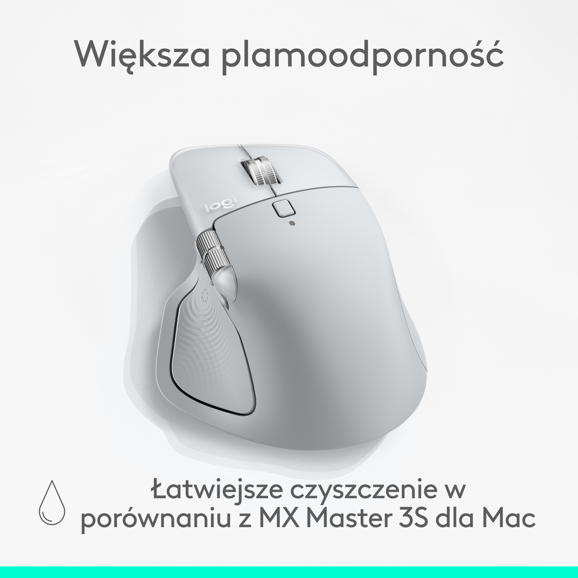 Biała mysz Logitech na białej powierzchni. Ma kółko przewijania i przyciski. Tekst powyżej mówi o odporności na plamy, poniżej o czyszczeniu.