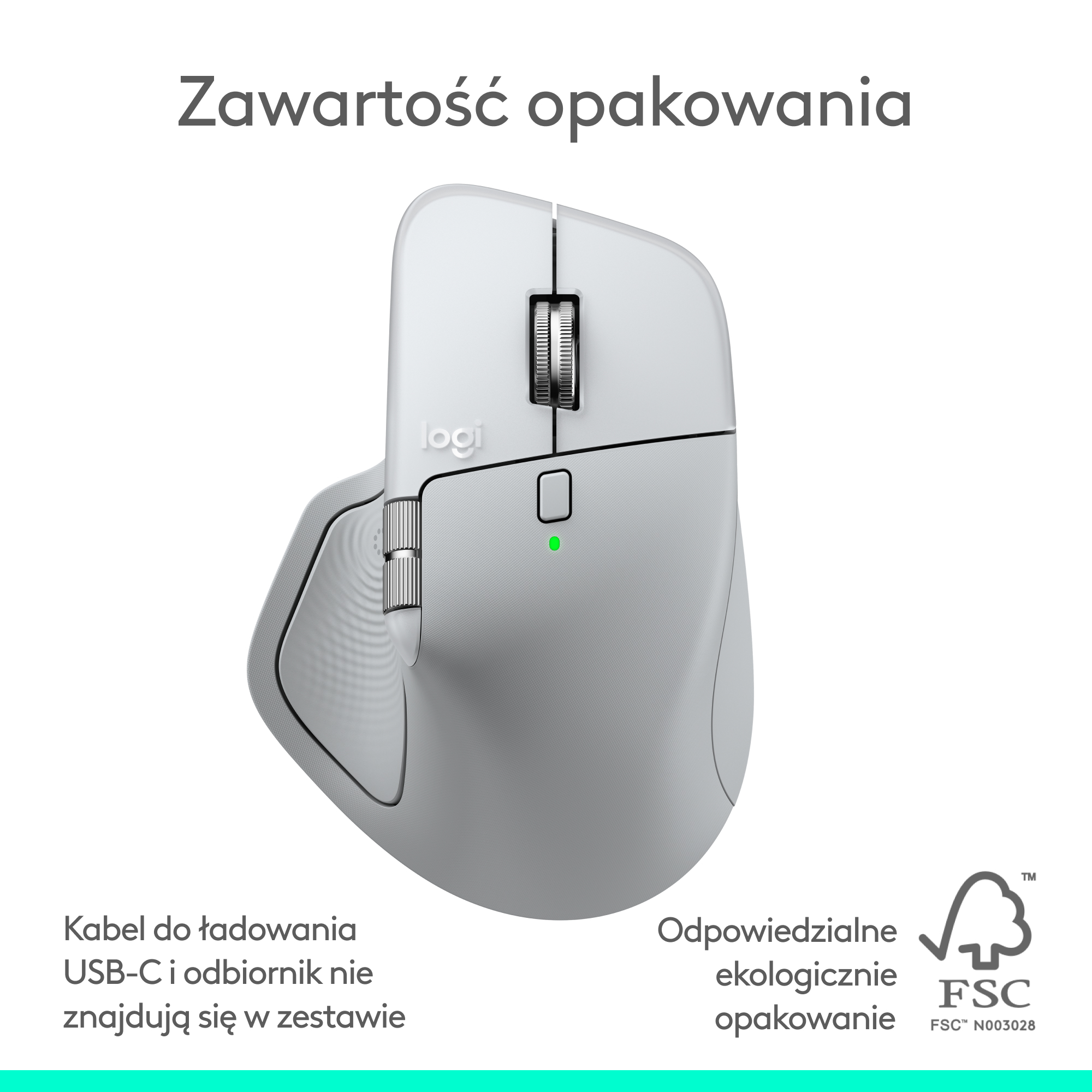 Jasnoszara mysz Logitech na białym tle, z tekstem po polsku. Mysz ma kółko przewijania i zielone światło.