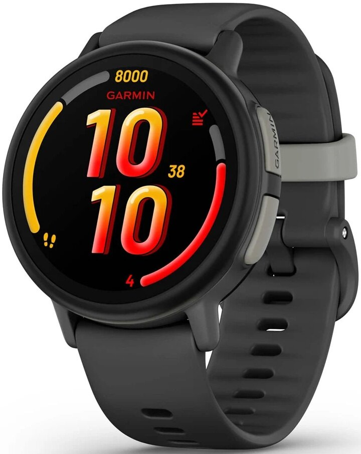 Smartwatch Garmin pokazuje '10 10' na ekranie. Zegarek jest czarny z szarym paskiem. Wyświetlacz ma żółte i czerwone akcenty.