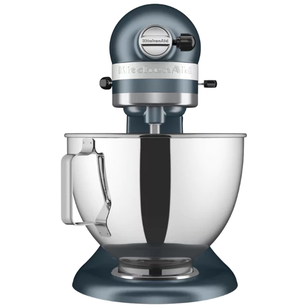 Egy türkizkék KitchenAid robotgép. A gép rozsdamentes acél tálal és egy ezüst sávval rendelkezik a fej körül.