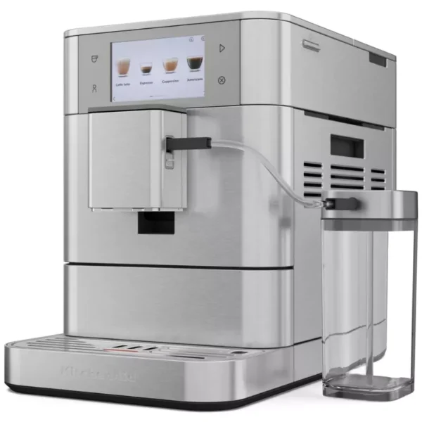 Ezüst KitchenAid eszpresszó gép érintőképernyővel, víztartállyal és különféle kávé opciókkal.