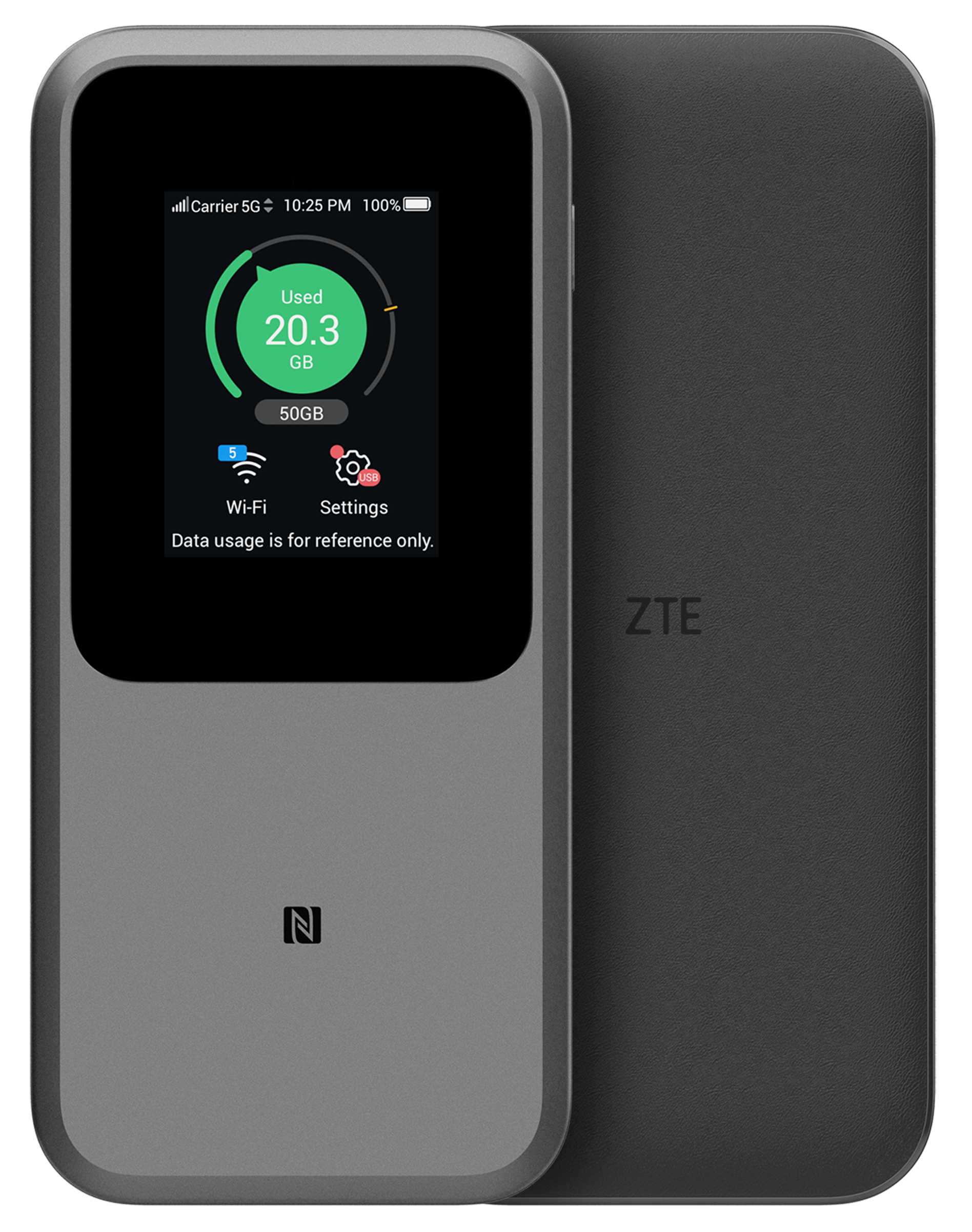 Szary mobilny hotspot ZTE pokazuje zużycie danych na ekranie. Prawa strona to czarna osłona.