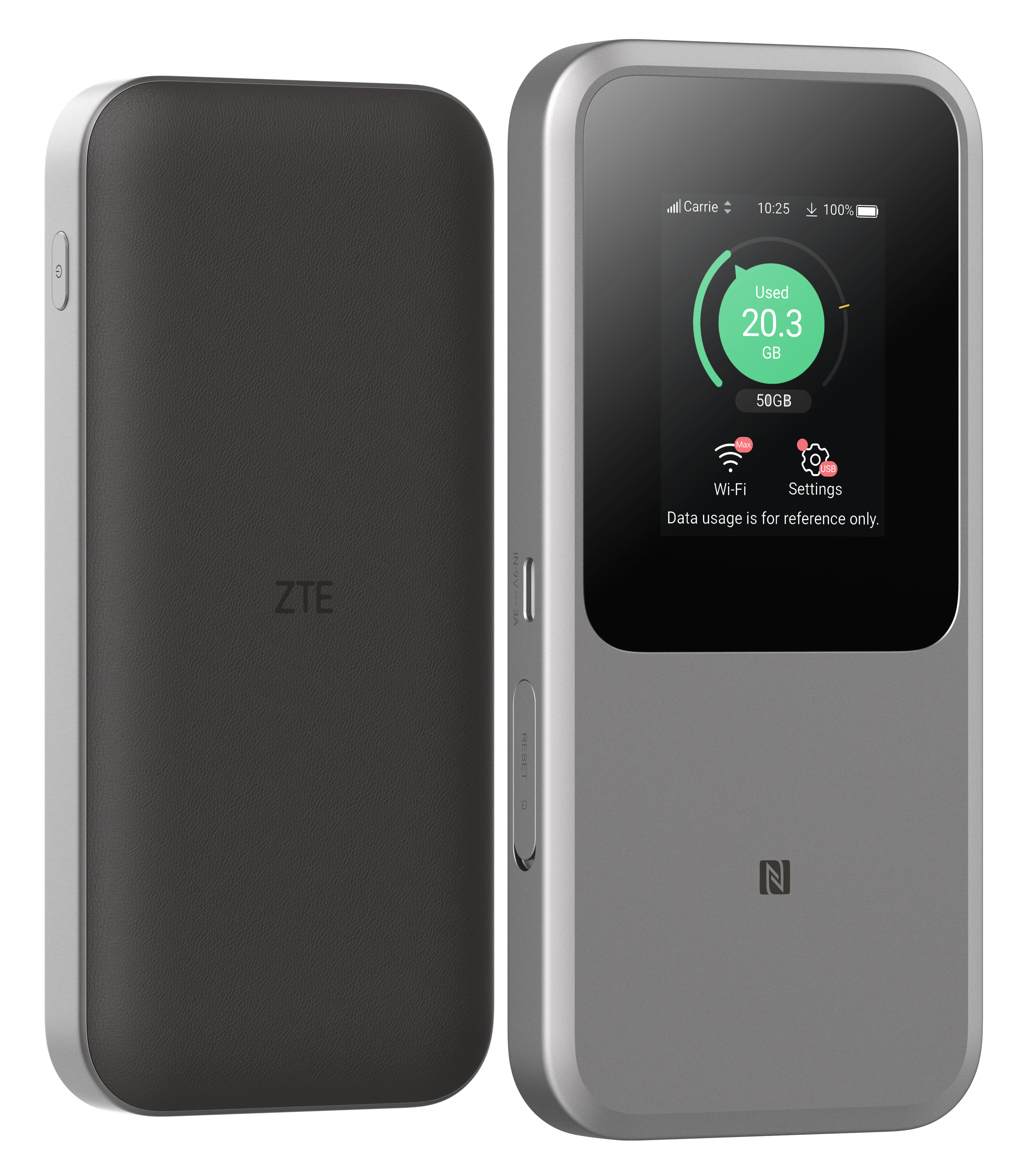 Srebrne i czarne mobilne urządzenie hotspot ZTE. Ekran wyświetla wykorzystanie danych. Z lewej strony znajduje się oddzielny czarny panel.