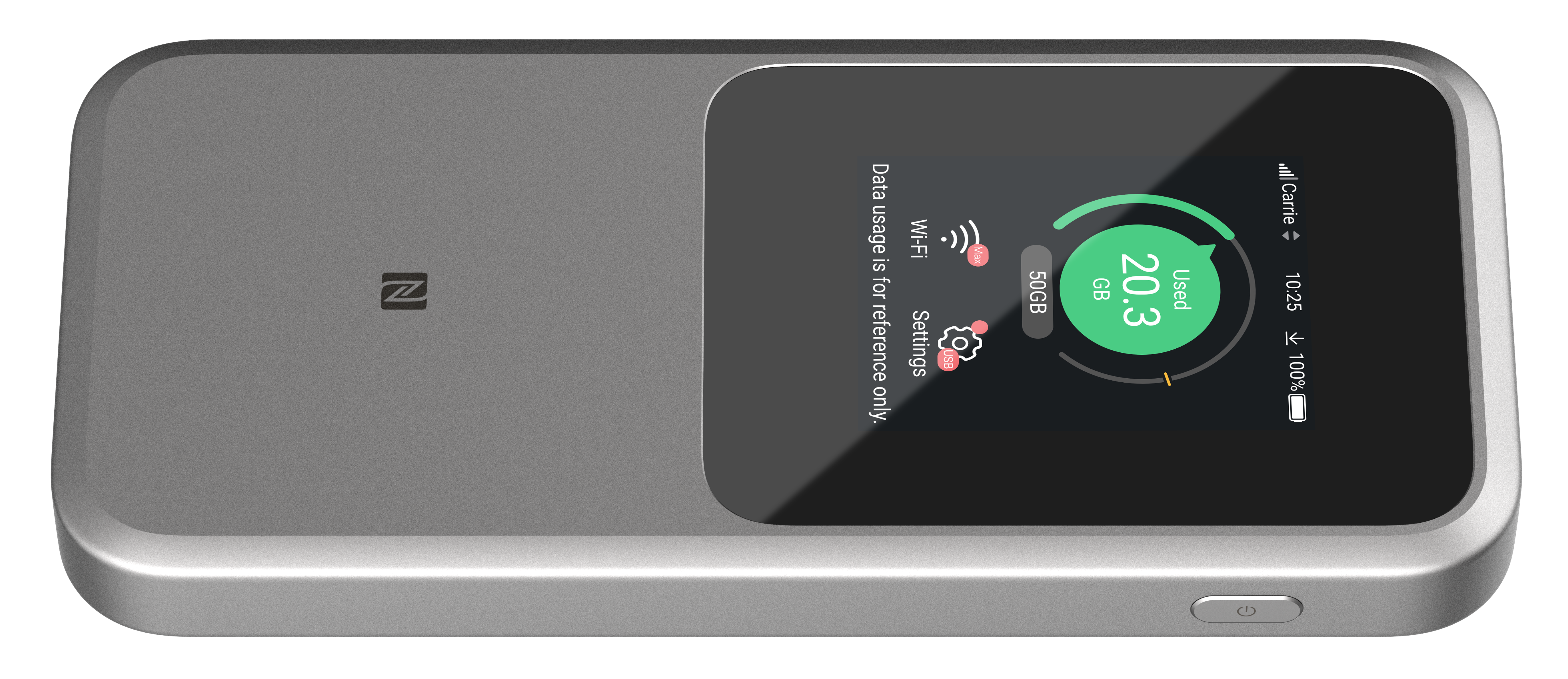 Srebrne mobilne urządzenie hotspot wyświetla Wi-Fi, wykorzystanie danych, baterię i czas. Ekran pokazuje 20,3 GB wykorzystane z 50 GB.