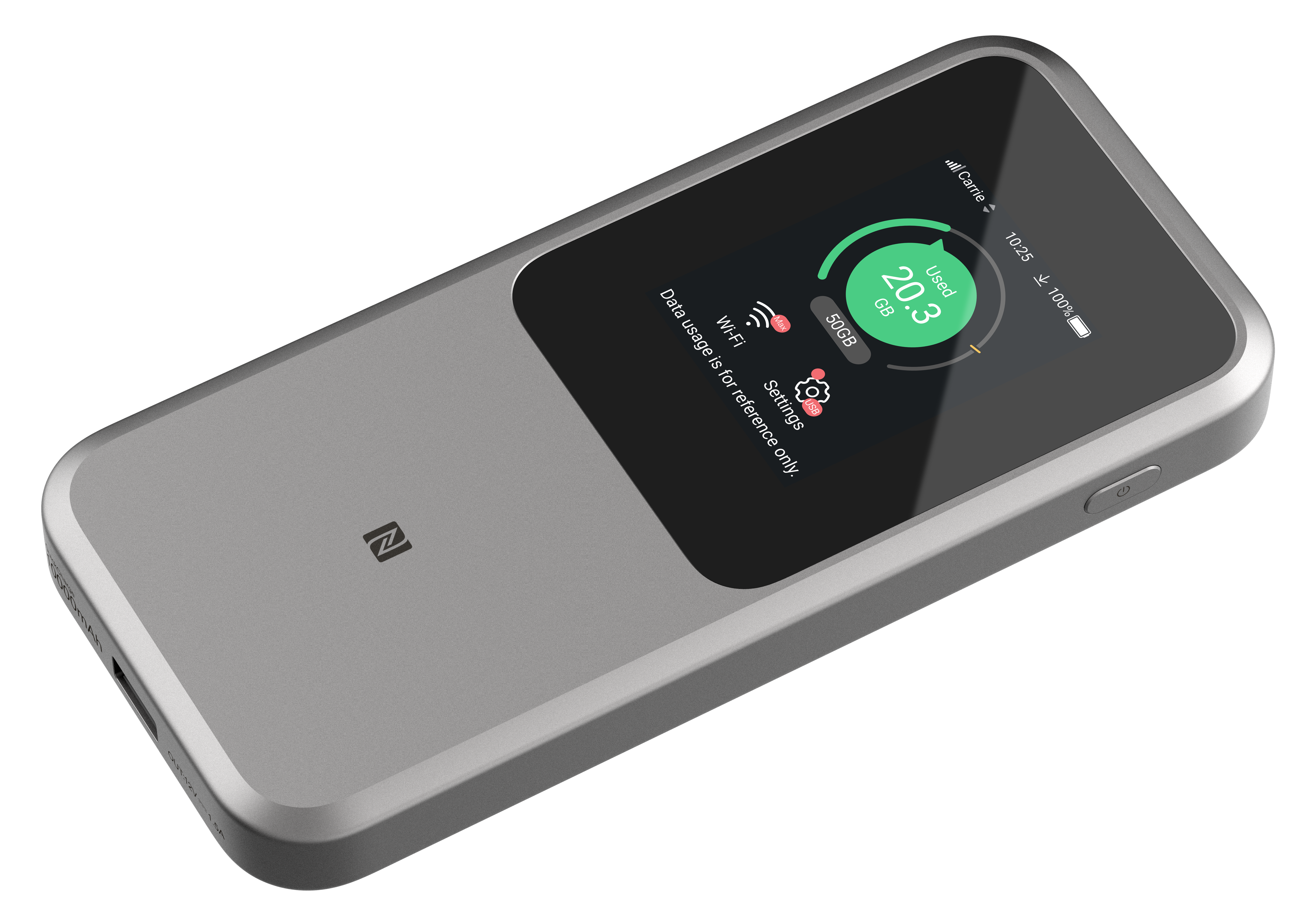 Szare przenośne urządzenie z ekranem wyświetla zużycie danych. Ekran pokazuje 20,3 GB użyte. Ikony Wi-Fi i ustawień są również widoczne.