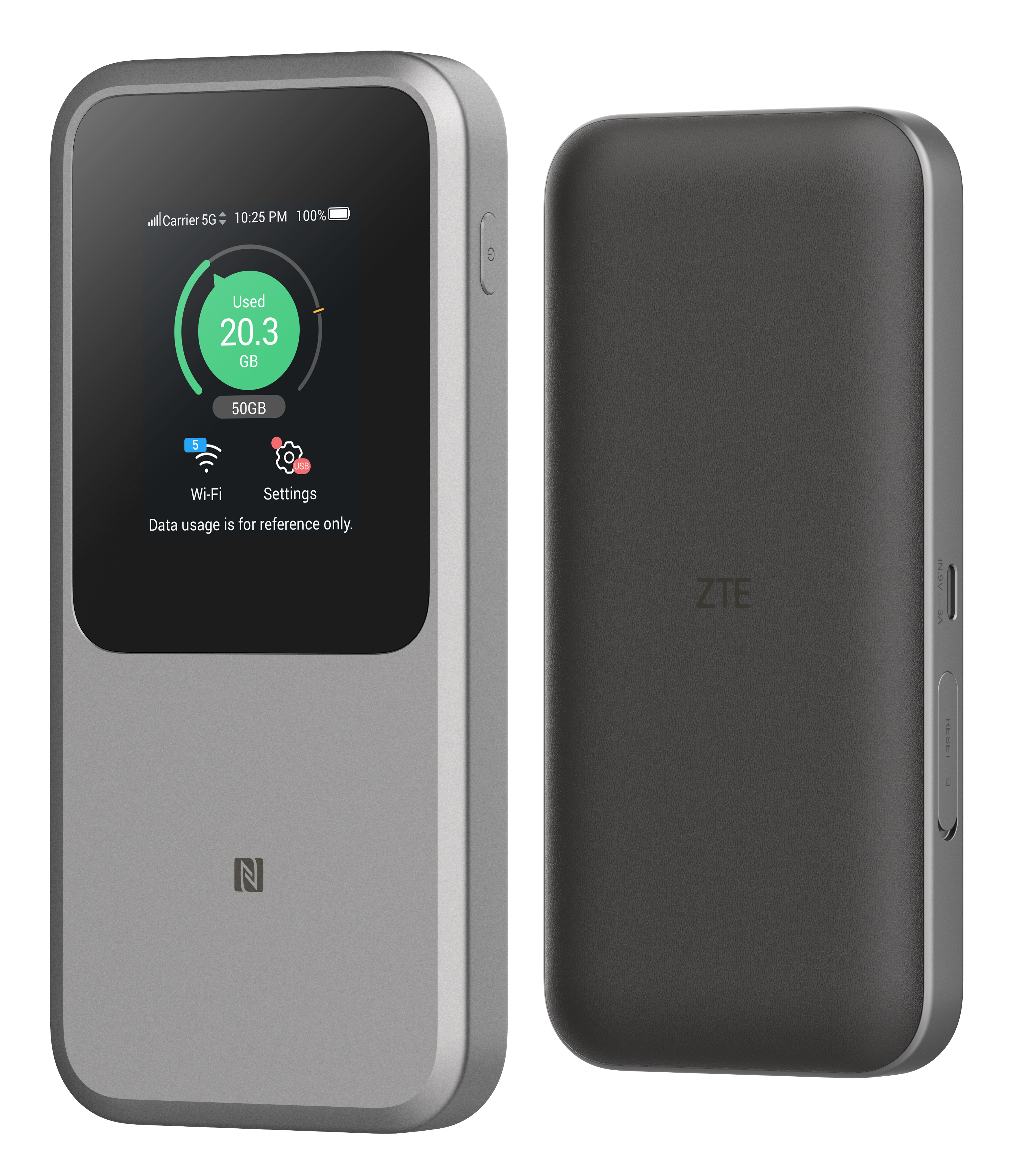 Srebrne i czarne urządzenie mobilne ZTE z hotspotem z ekranem wyświetlającym zużycie danych, ikony Wi-Fi i ustawień. Tył jest czarny.