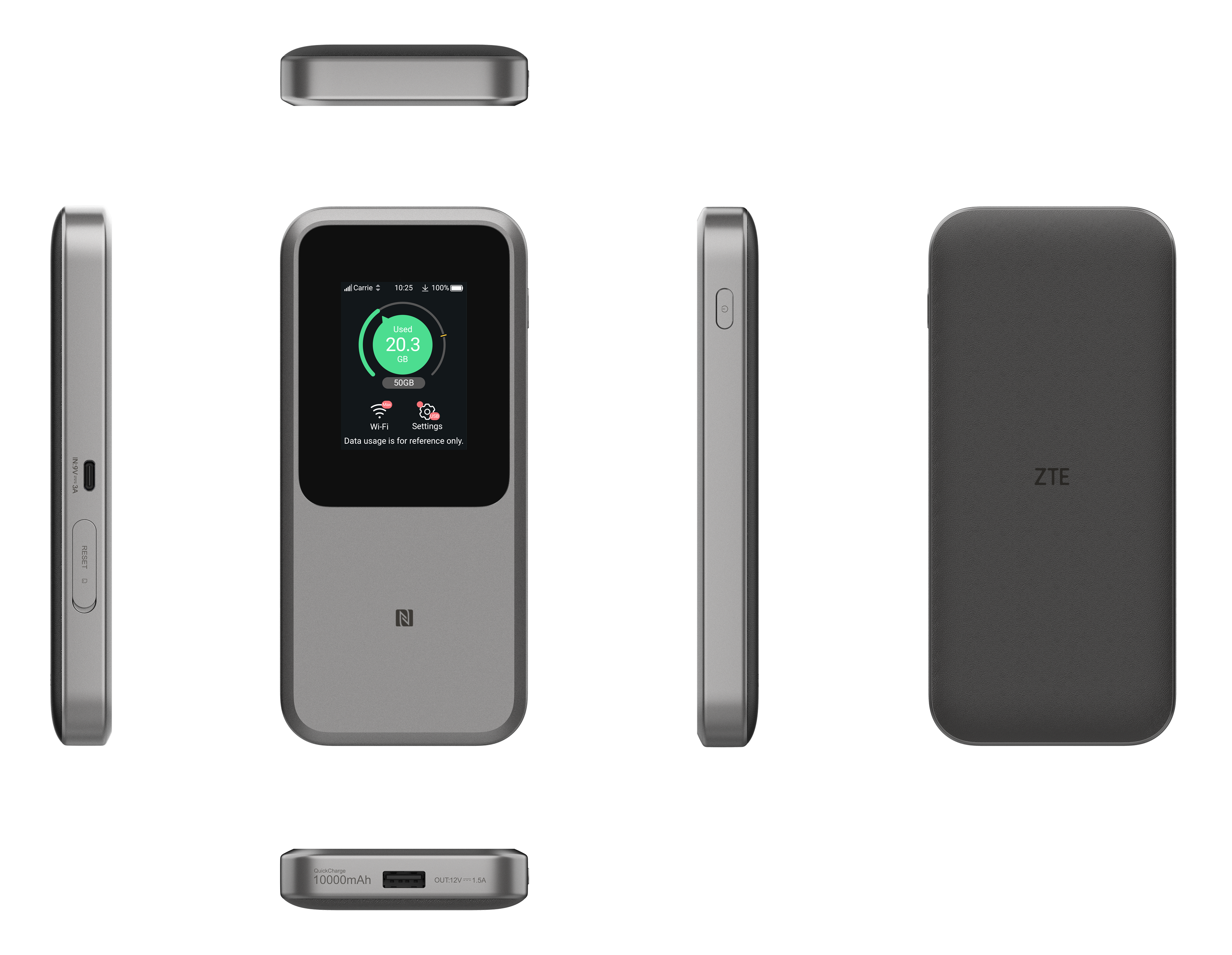 Szare urządzenie mobilnego hotspotu ZTE pokazane z różnych perspektyw. Ekran pokazuje zużycie danych, z boku przycisk reset.