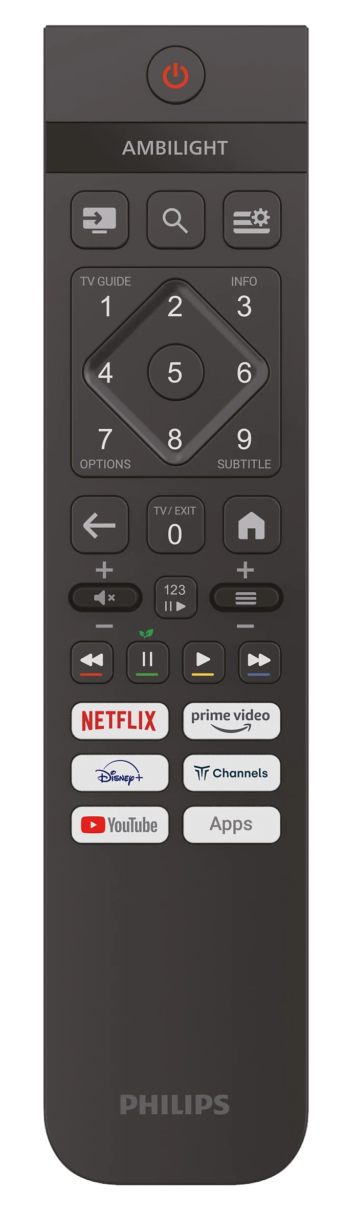 Pilot do telewizora Philips z wieloma przyciskami, w tym zasilaniem, klawiszami numerycznymi i usługami streamingowymi.