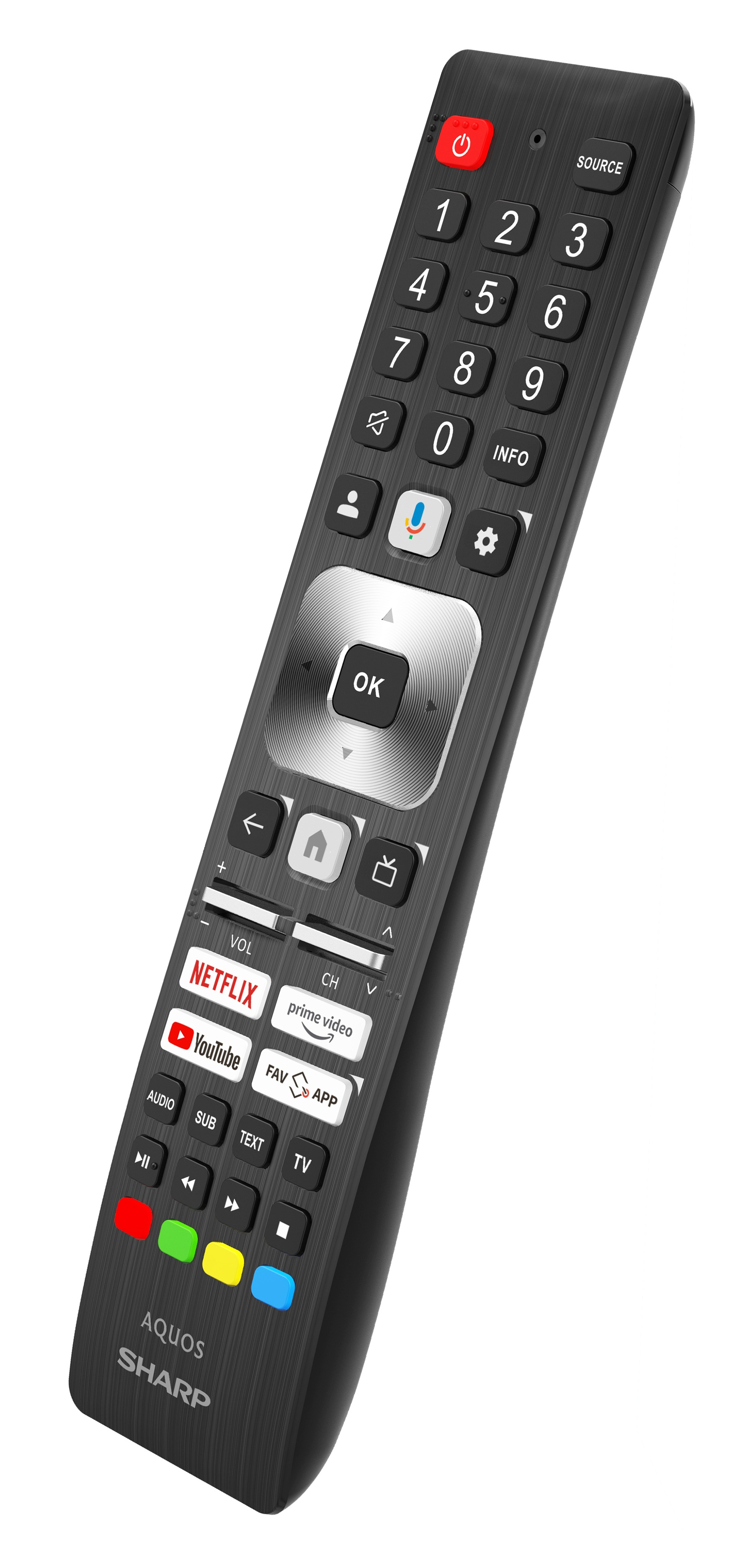Czarny pilot do telewizora Sharp Aquos. Zawiera przyciski numeryczne, głośność, kanał, Netflix, YouTube i przycisk zasilania.