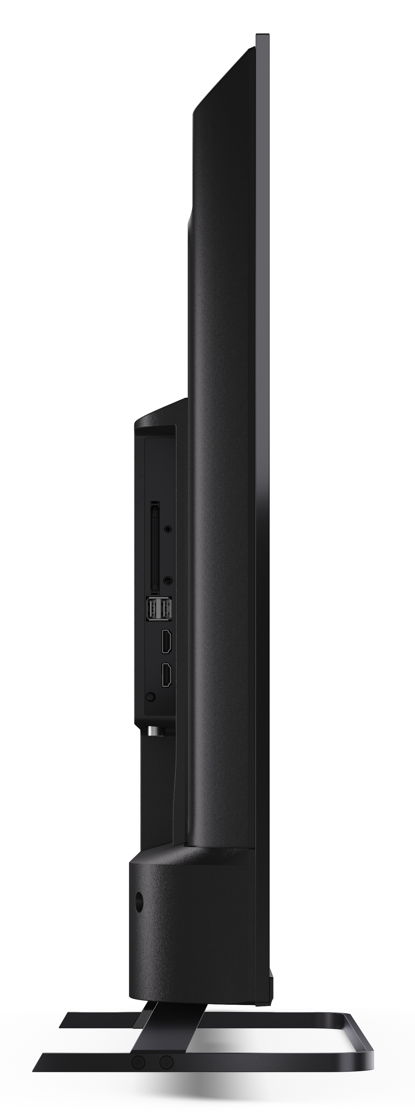 Widok z boku czarnego telewizora. Porty są widoczne z boku. Telewizor stoi na czarnym stojaku.