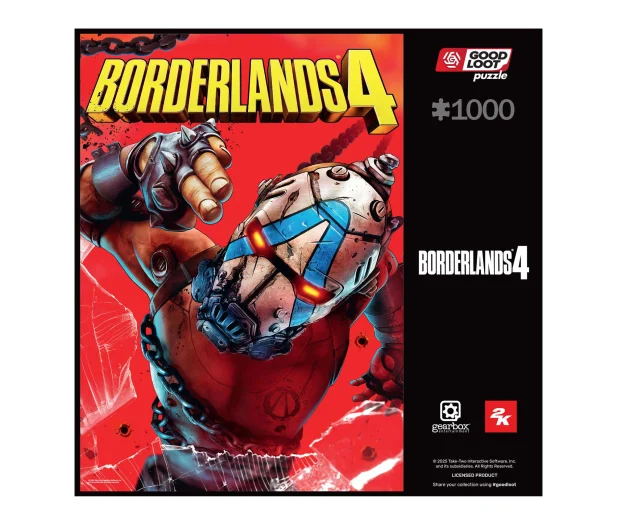 Pudełko z puzzlami Borderlands 4. Postać z metalową głową i opancerzonym ramieniem przebija się przez czerwone tło.