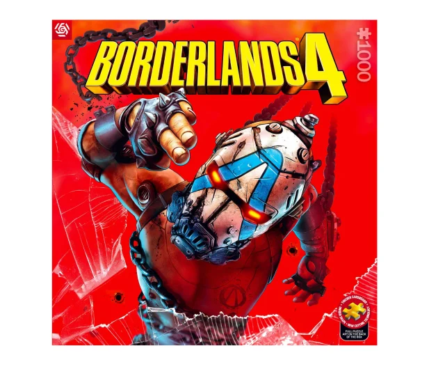 Okładka Borderlands 4. Postać przypominająca robota na czerwonym tle. Tytuł w kolorze żółtym. Efekt rozbitego szkła.
