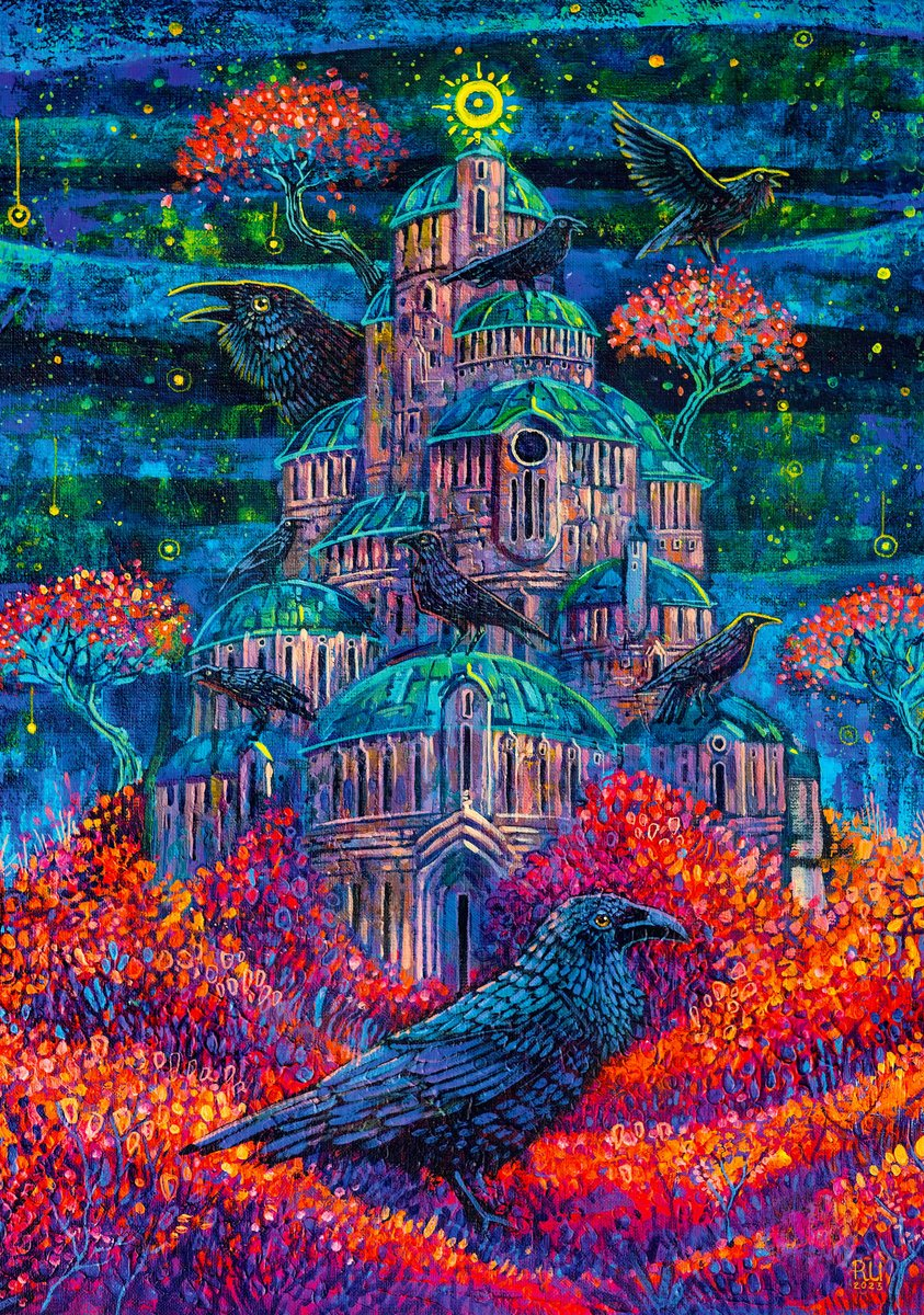 Kolorowy obraz zamku z krukami siedzącymi na nim i wokół niego. Drzewa z czerwonymi liśćmi i słońce na niebie.