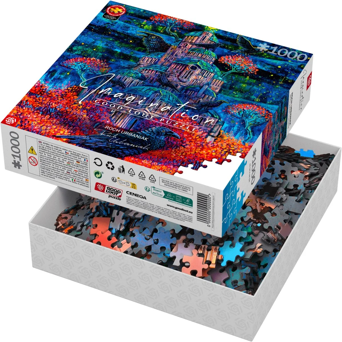 Pudełko z puzzlami z fantastyczną sceną zamku, kruków i kolorowych drzew. Pudełko jest otwarte, ukazując elementy układanki.