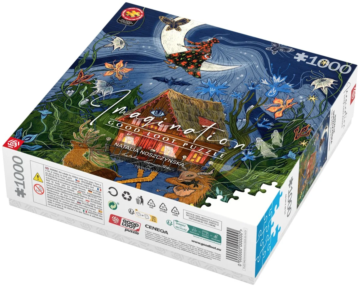 Pudełko puzzli z grafiką fantasy. Przedstawia dom, księżyc, kobietę, jelenia i inne stworzenia w leśnym otoczeniu. Tekst zawiera 'Imagination'.