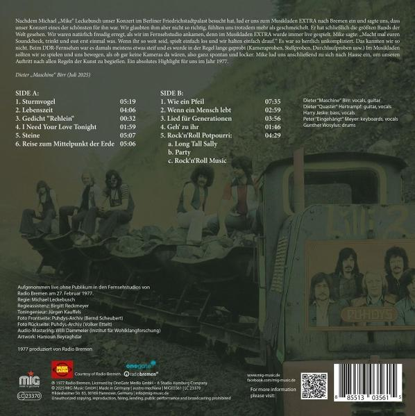Albumcover mit Bandnamen. Der Text enthält Songtitel und Credits. Ein Eisenbahnwagen mit Bandmitgliedern ist auf dem Cover.