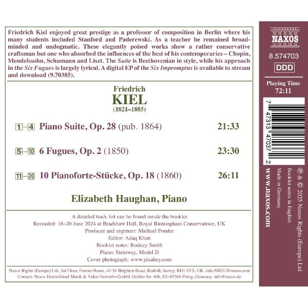 CD-Cover mit Text über Friedrich Kiel, mit Titellisten, Künstlerin Elizabeth Haughan und Naxos-Logo.