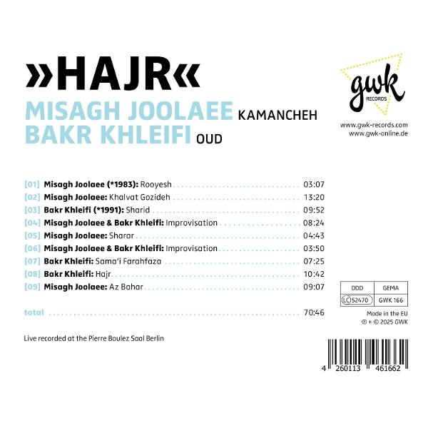 Albumcover mit Text, darunter Künstlernamen, Titelliste und Logo. Weißer Hintergrund mit schwarzem und blaugrünem Text.