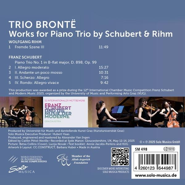 CD-Cover von Trio Brontë mit Schubert und Rihm. Enthält Titelliste, Infos zum Wettbewerb und das Solo Musica-Logo.