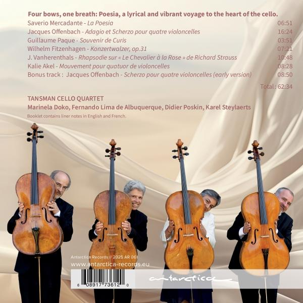 Vier Cellisten halten Celli. Das Cover enthält Text über das Tansman Cello Quartett und eine Album-Trackliste.