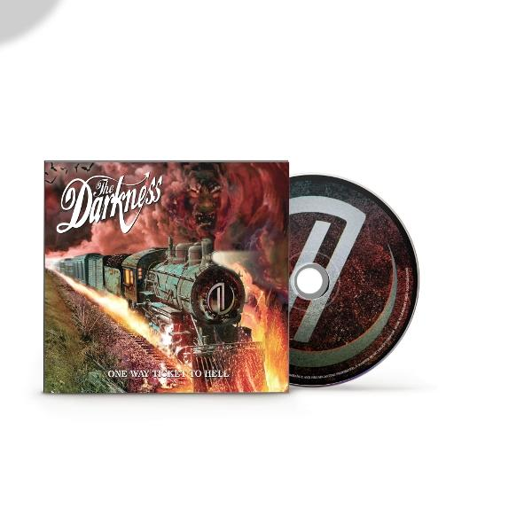 Albumcover für The Darkness. Ein brennender Zug mit einem Dämon im Hintergrund und eine CD mit einer '7' darauf.