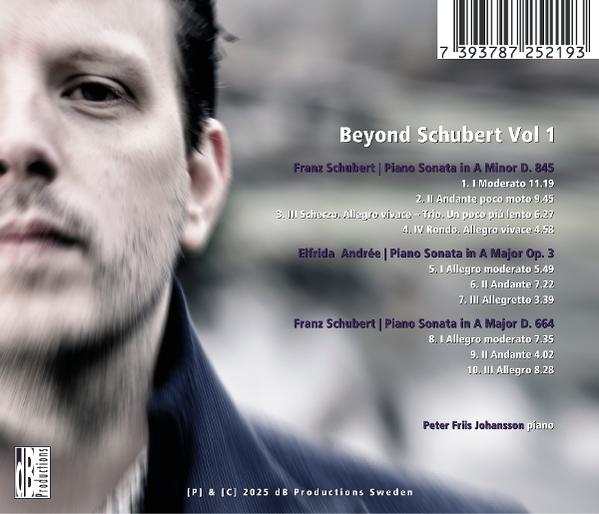 CD-Cover: Männergesicht, Titel 'Beyond Schubert', Titelliste, Künstler Peter Friis Johansson. Barcode oben.