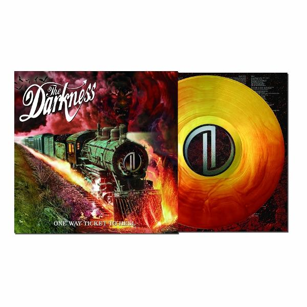 The Darkness album borítója. Egy lángoló vonat. A bakelit narancssárga és sárga színű. A szöveg a következő: "One Way Ticket To Hell..."