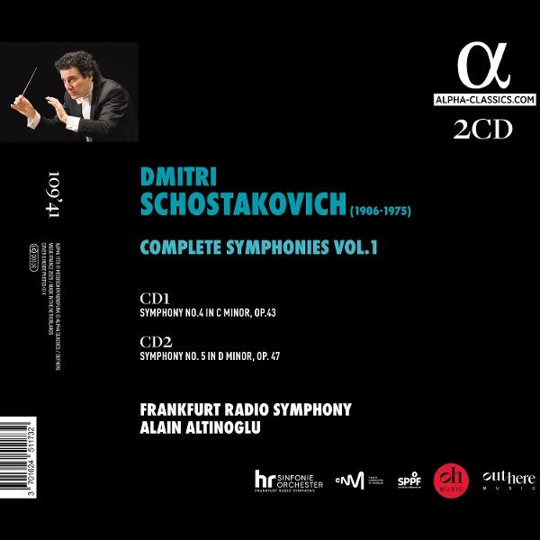 Albumcover: Dmitri Schostakowitsch Complete Symphonies Vol.1. Dirigent mit Taktstock. Schwarzer Hintergrund mit Text und Logos.