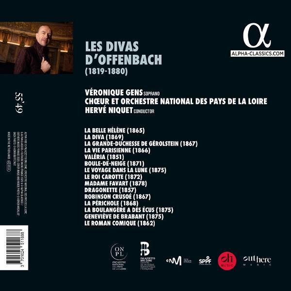CD-Cover mit Text 'Les Divas d'Offenbach'. Ein Mann in der oberen linken Ecke. Logos und Text auf dunklem Hintergrund.