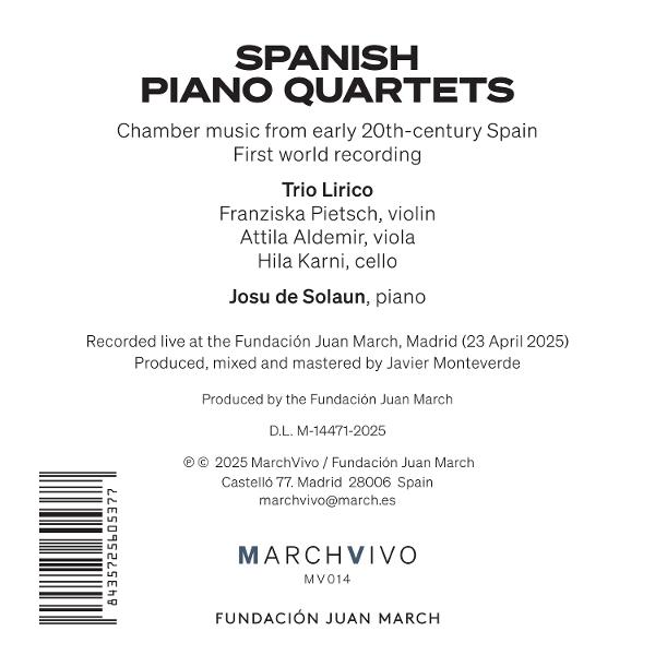 Weißes Buchcover mit schwarzem Text. Titel: Spanische Klavierquartette. Details zu den Musikern und dem Aufnahmeort.