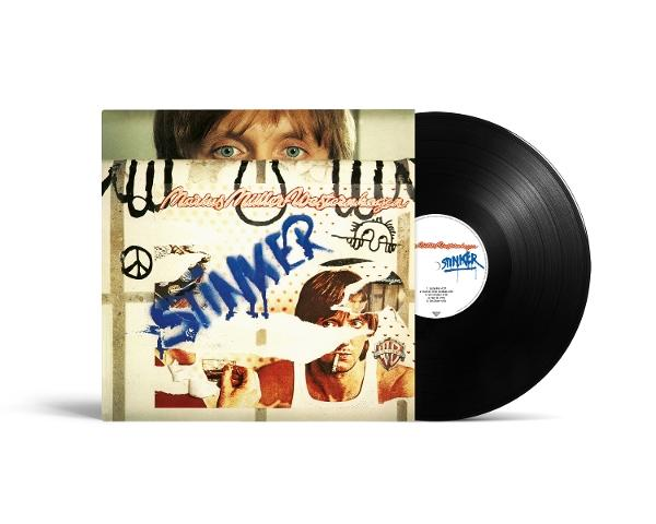 Albumcover mit den Augen des Künstlers, die über dem Album hervorblitzen. Vinyl-Schallplatte rechts. Albumcover ist bunt und abgenutzt.