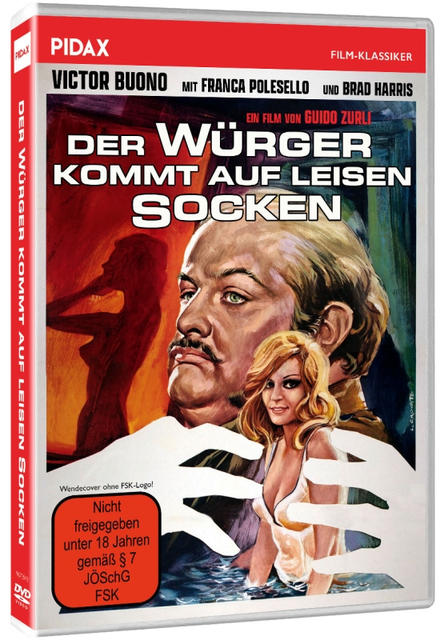 Filmplakat: Mann mit Schnurrbart, Frau, Hände, Text 'Der Würger kommt auf leisen Socken'.