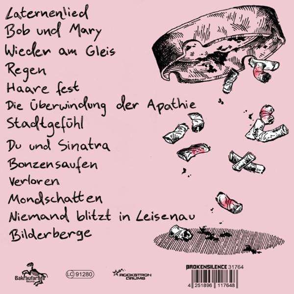 Rosa Hintergrund mit Text, einer Skizze einer Zigarette und eines Zigarettenstummels sowie einem Logo. Der Text listet Songtitel und Bandinformationen auf.